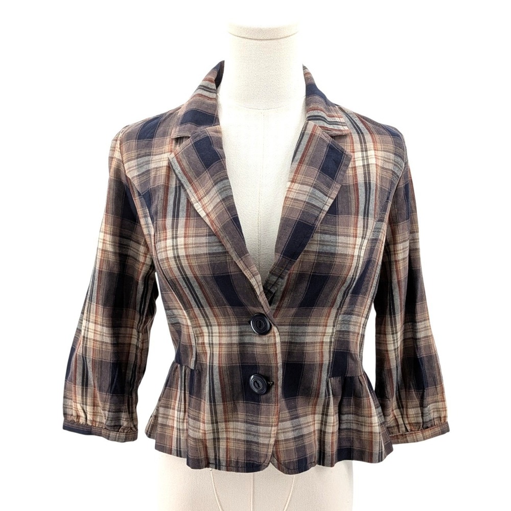 Millenium Y2K Plaid Cropped‎ Blazer Brown Tan Cotton Jacket Size M